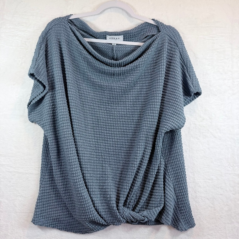 Gilli Waffle Knit Top Women 1X Blue Dolman Sleeve Knot Front Boat Neck XAT2181